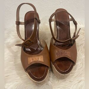 Valentino Garavani Leather Espadrille Wedges Brown Bow Accents Wedge